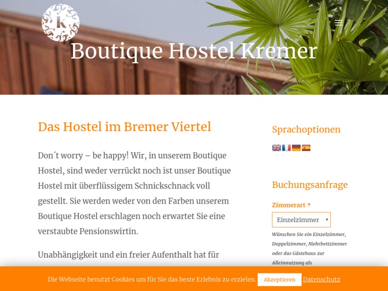 Website vom Boutique Hostel Kremer in Bremen